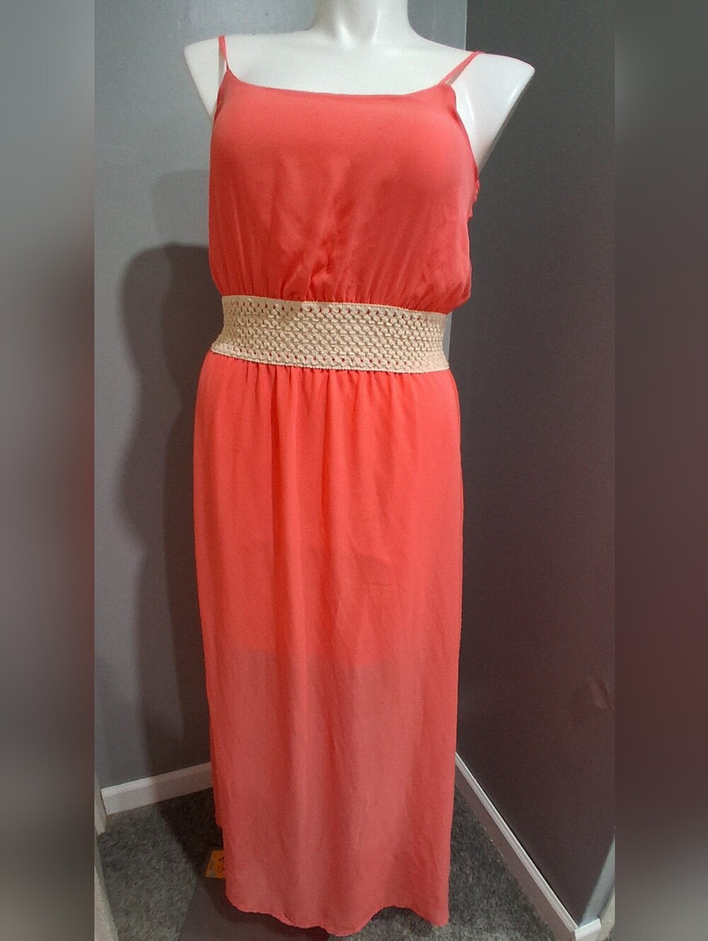 Women’s Coral Maxi Dress with Crochet Waistband